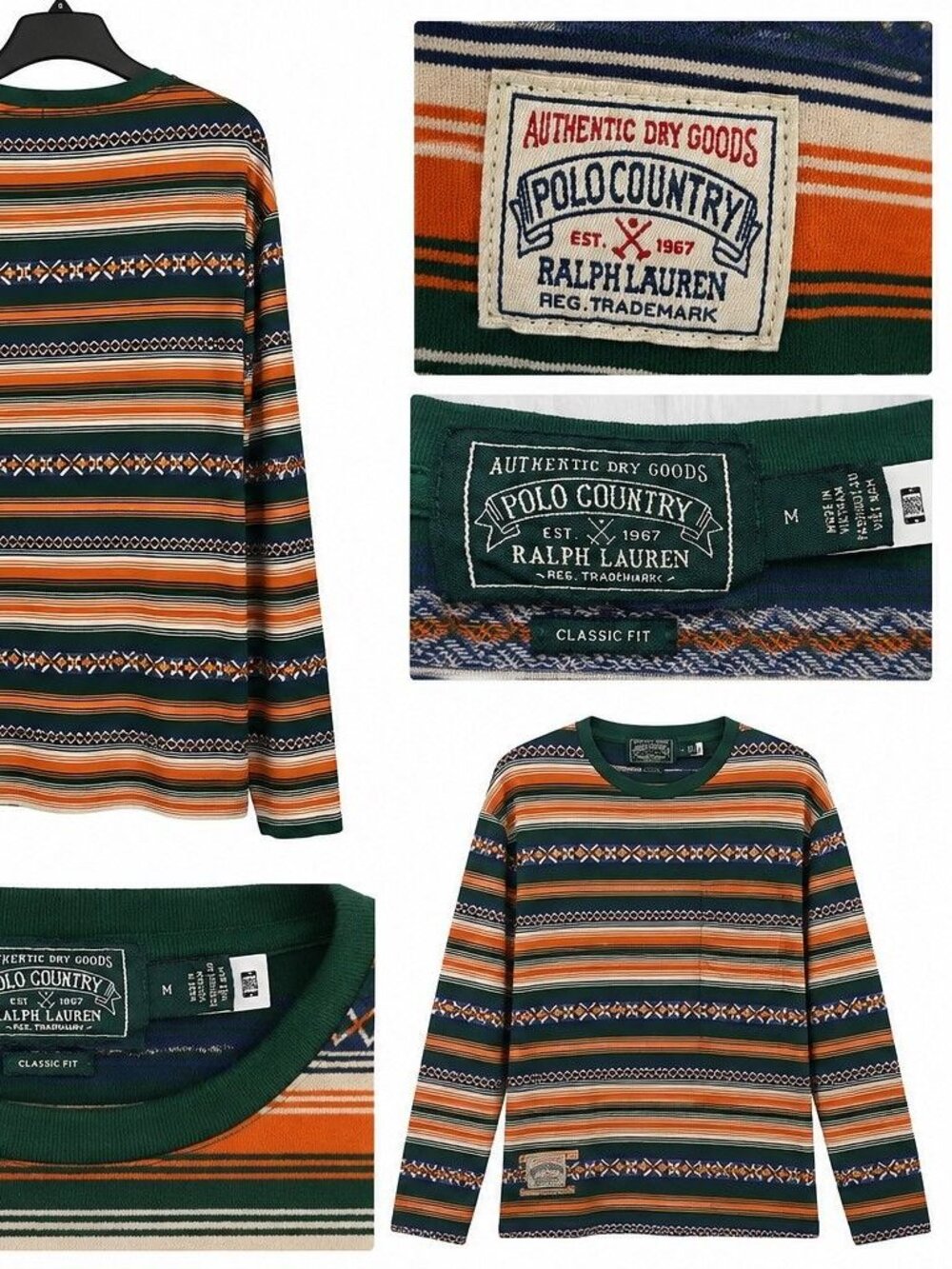Polo Country Ralph Lauren Men's M Striped Long Sleeve Shirt Green Orange Classic - Picture 3 of 9